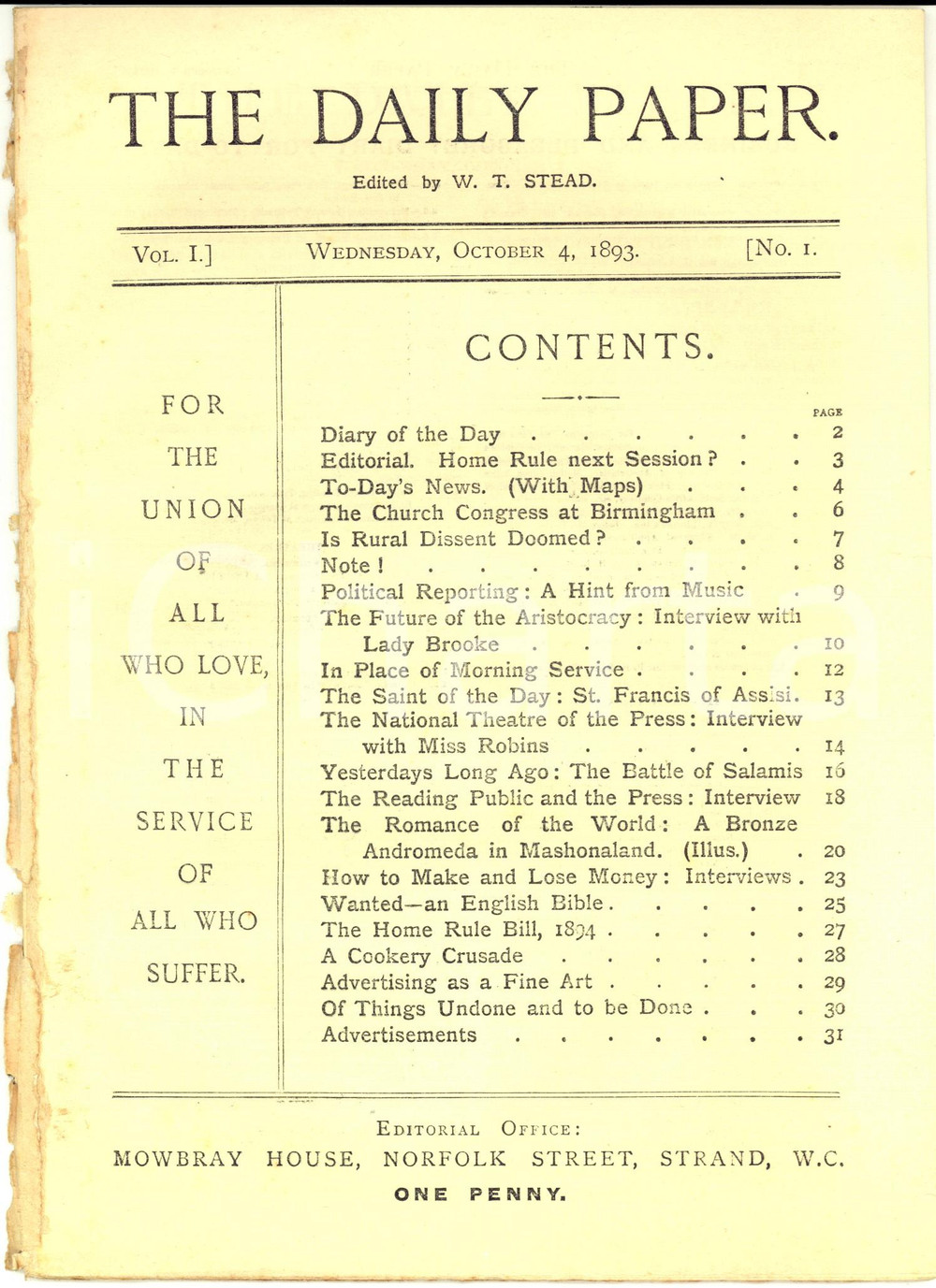 1893 THE DAILY PAPER National Theatre - Interview with miss ROBINS Vol. I nÂ° 1 Anno XII n&deg; 9-10 CONDIZIONI: FAIR    originale e autentica 1