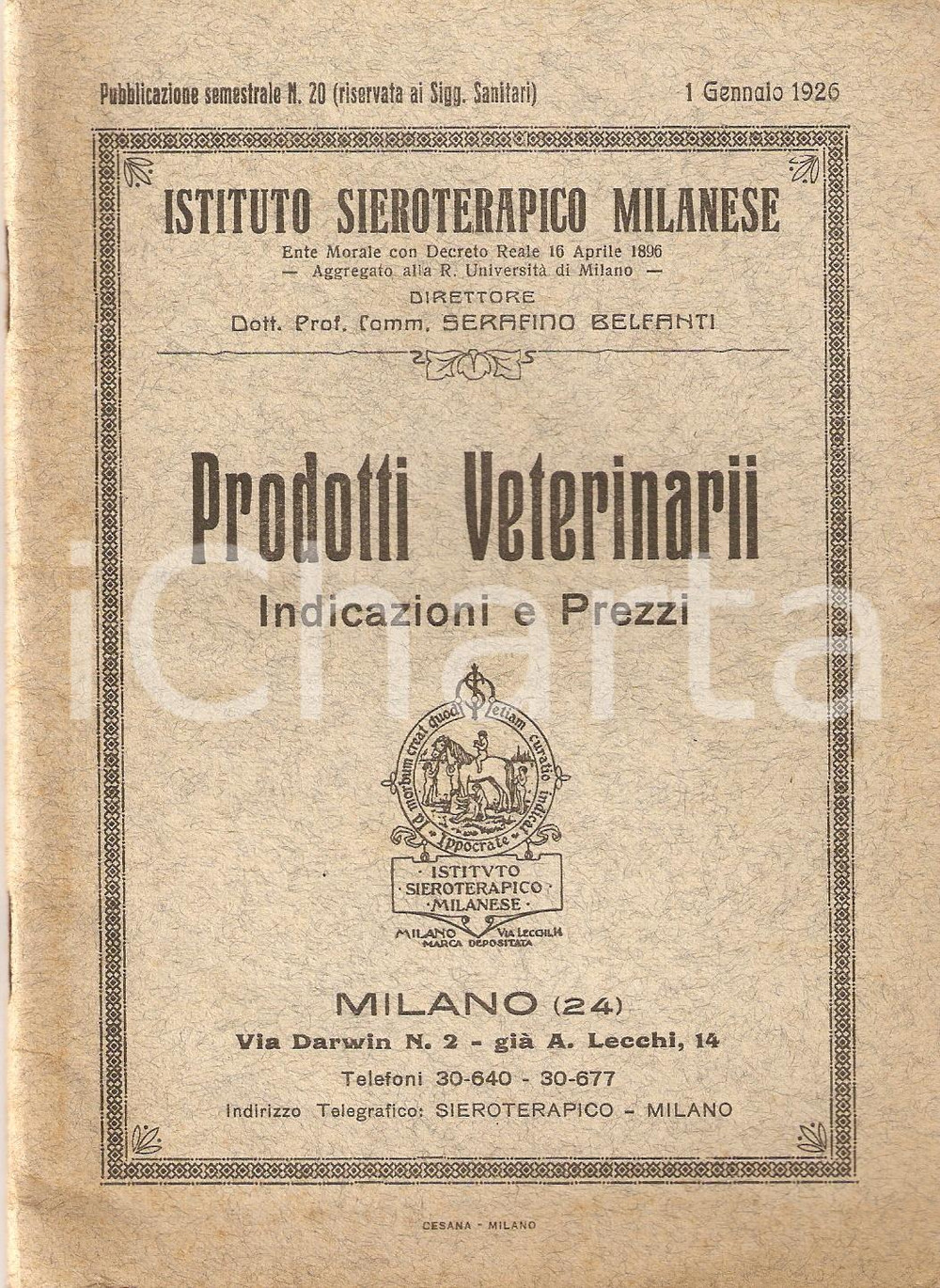 Materiale pubblicitario d’epoca 1926 MILANO Istituto SIEROTERAPICO Prodotti veterinari Listino prezzi 1