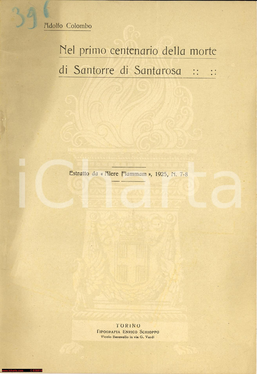 Oggetto da collezione cartaceo 1925 Adolfo Colombo MORTE SANTORRE DI SANTAROSA 1
