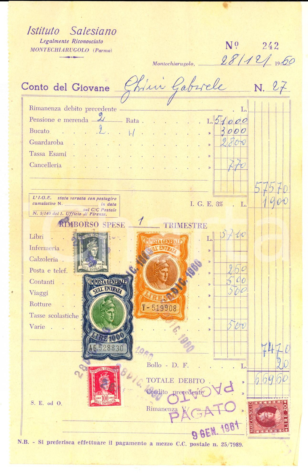 Manoscritto, lettera originale 1960 MONTECHIARUGOLO PR Istituto Salesiano  Conto di un convittore Bollo 1