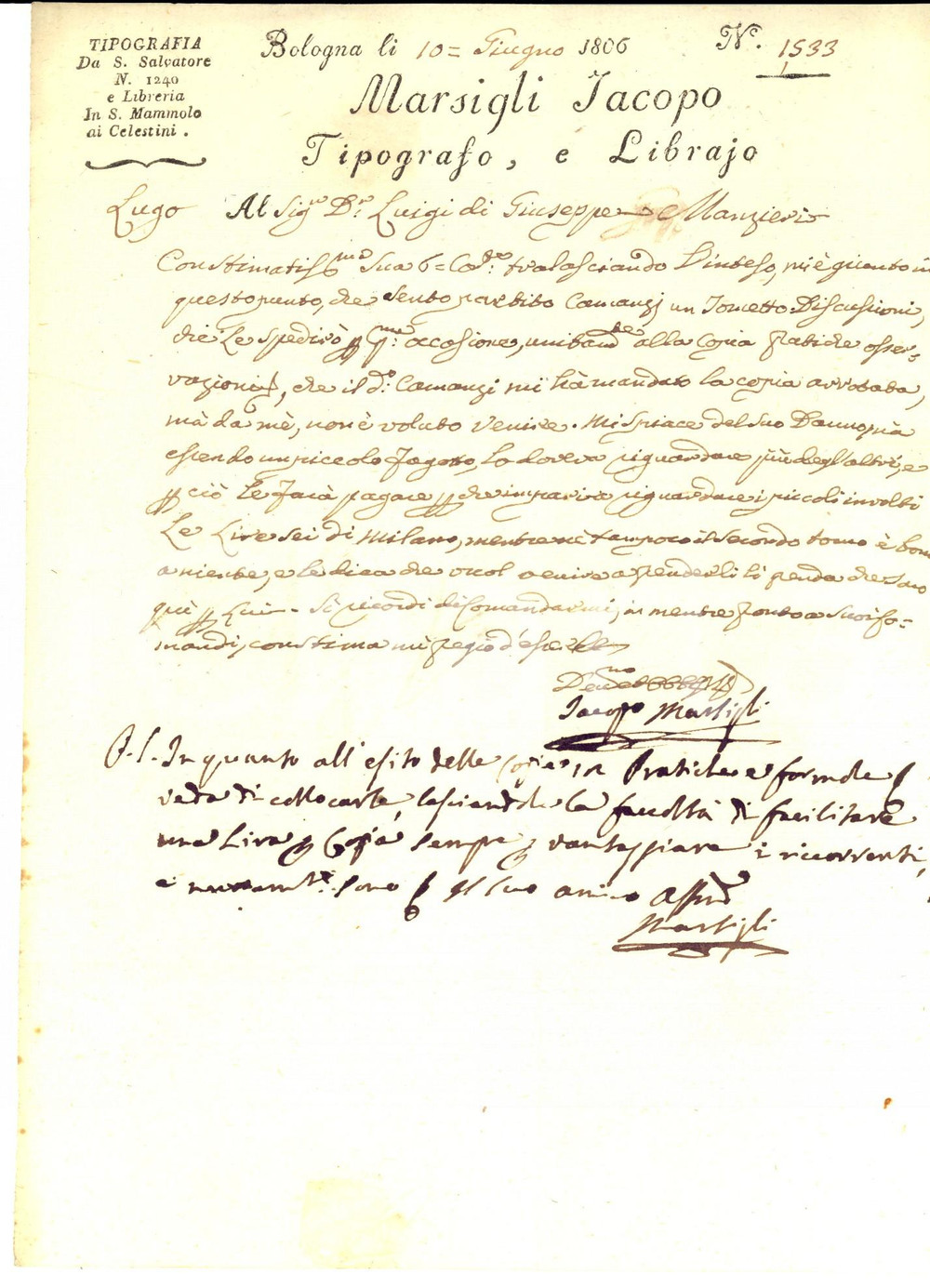 Manoscritto, lettera originale 1806 BOLOGNA Tipografo Jacopo MARSIGLI invia un volume a Luigi MANZIERI 1