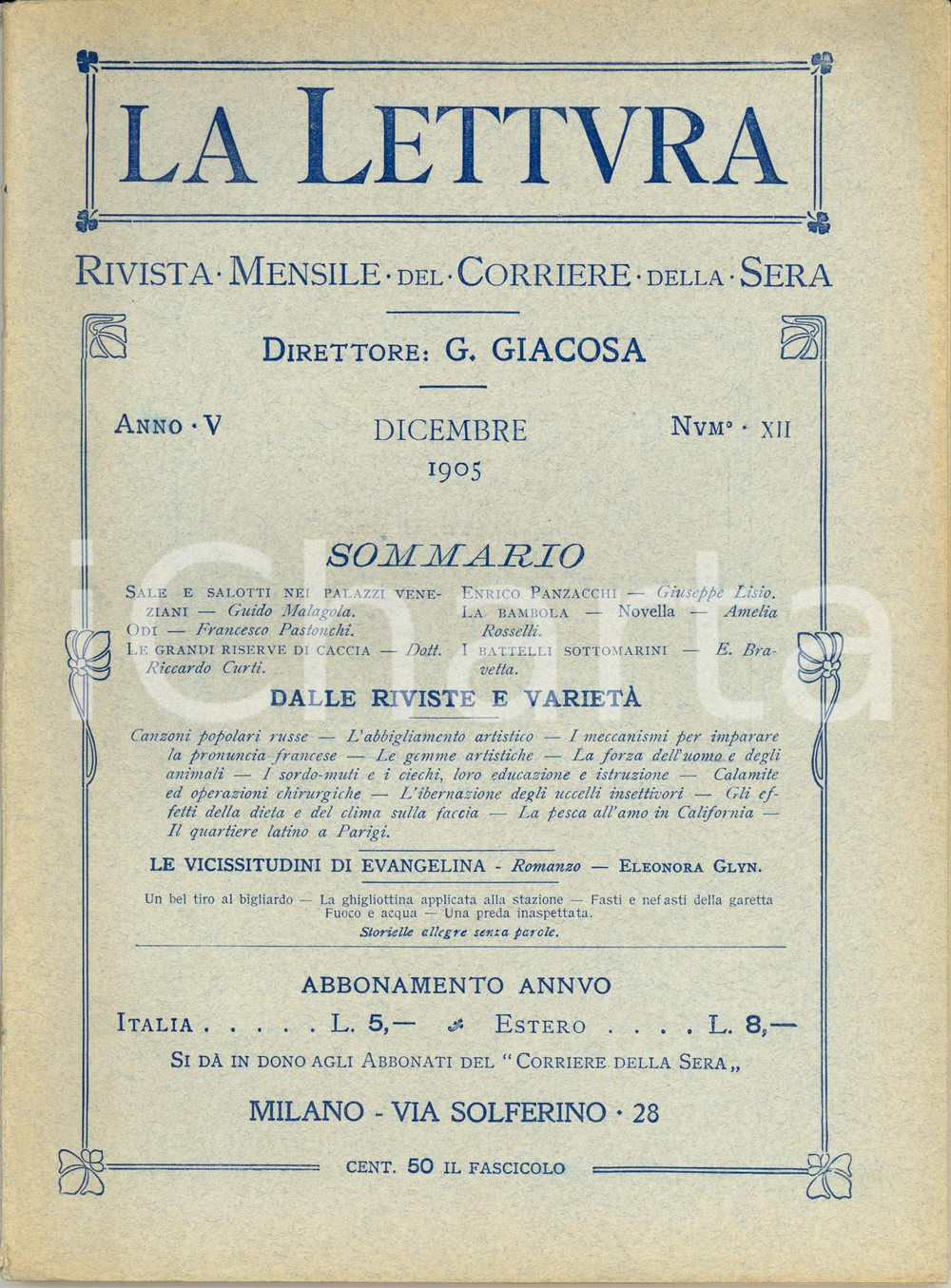 Giornale, rivista storica 1905 LA LETTURA Amelia ROSSELLI novella  La bambola  Rivista Anno V n° 12 1