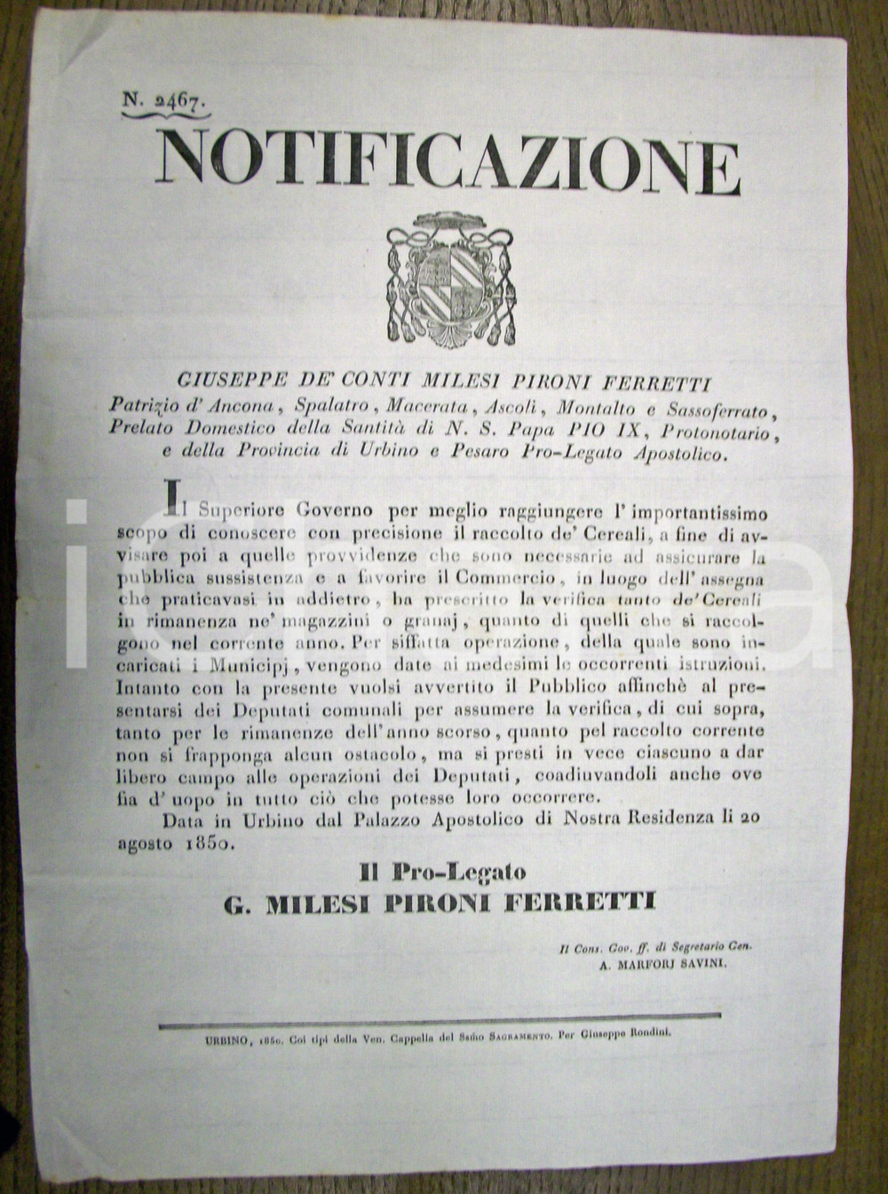 Documento originale, autentico 1850 URBINO Censimento dei cereali raccolti MANIFESTO 1