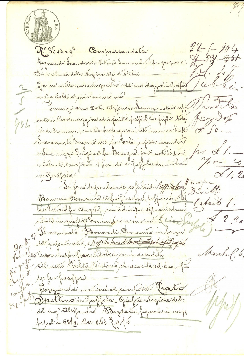 Documento originale, autentico 1904 GUSSOLA CR Domenico BONARDI vende prato SPELTINO a Vittorio VOLTA 1