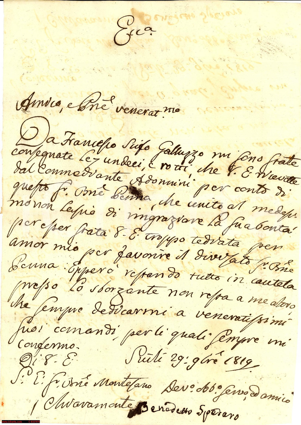 Manoscritto, lettera originale 1819 SCICLI RG SPADARO riscuote per il barone PENNA 1