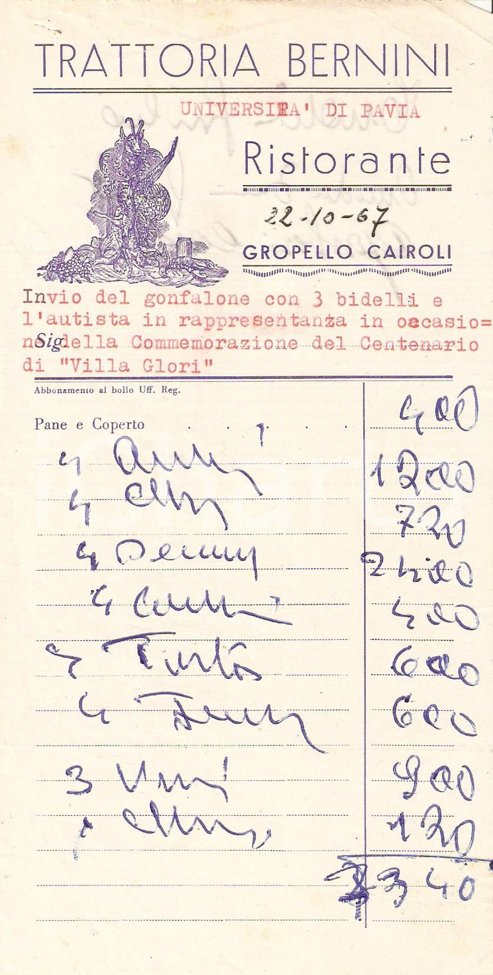 Materiale pubblicitario d’epoca 1967 GROPELLO CAIROLI PV Trattoria BERNINI Ricevuta ILLUSTRATA 10x21 cm 1