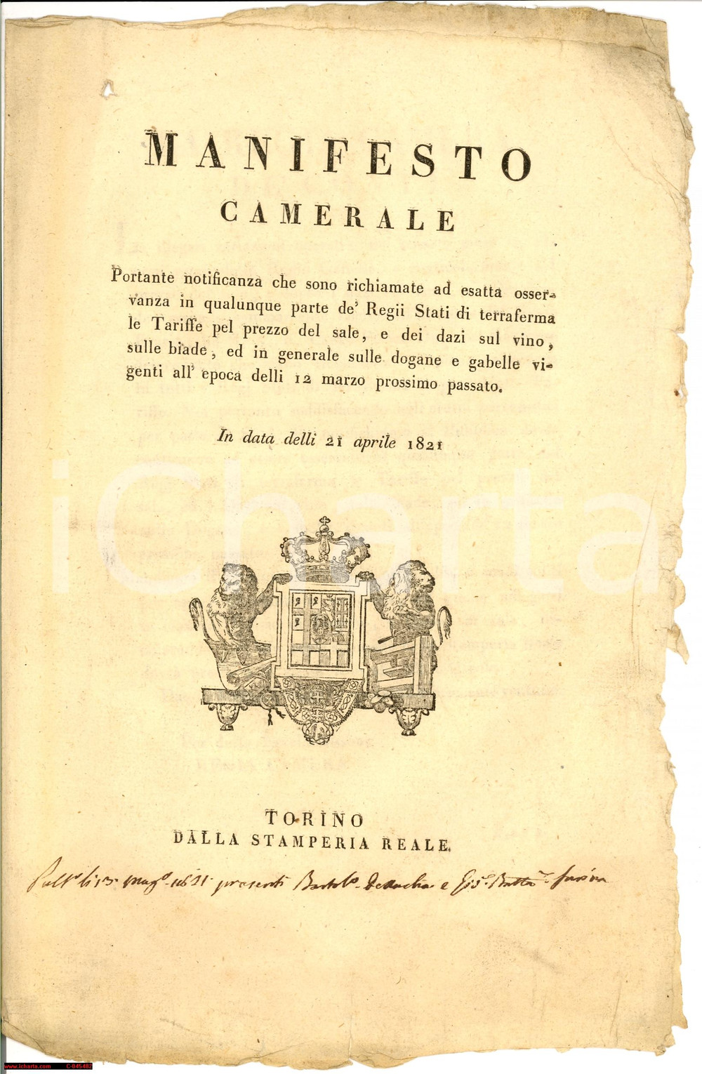 Documento originale, autentico 1821 TORINO rispetto del dazio sul vino e sulle biade 1