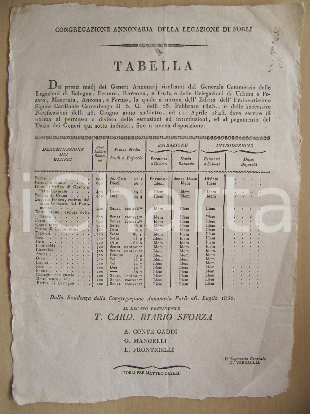 Documento originale, autentico 1830 FORLI  STATO PONTIFICIO Prezzi medi dei generi annonari MANIFESTO tabella 1