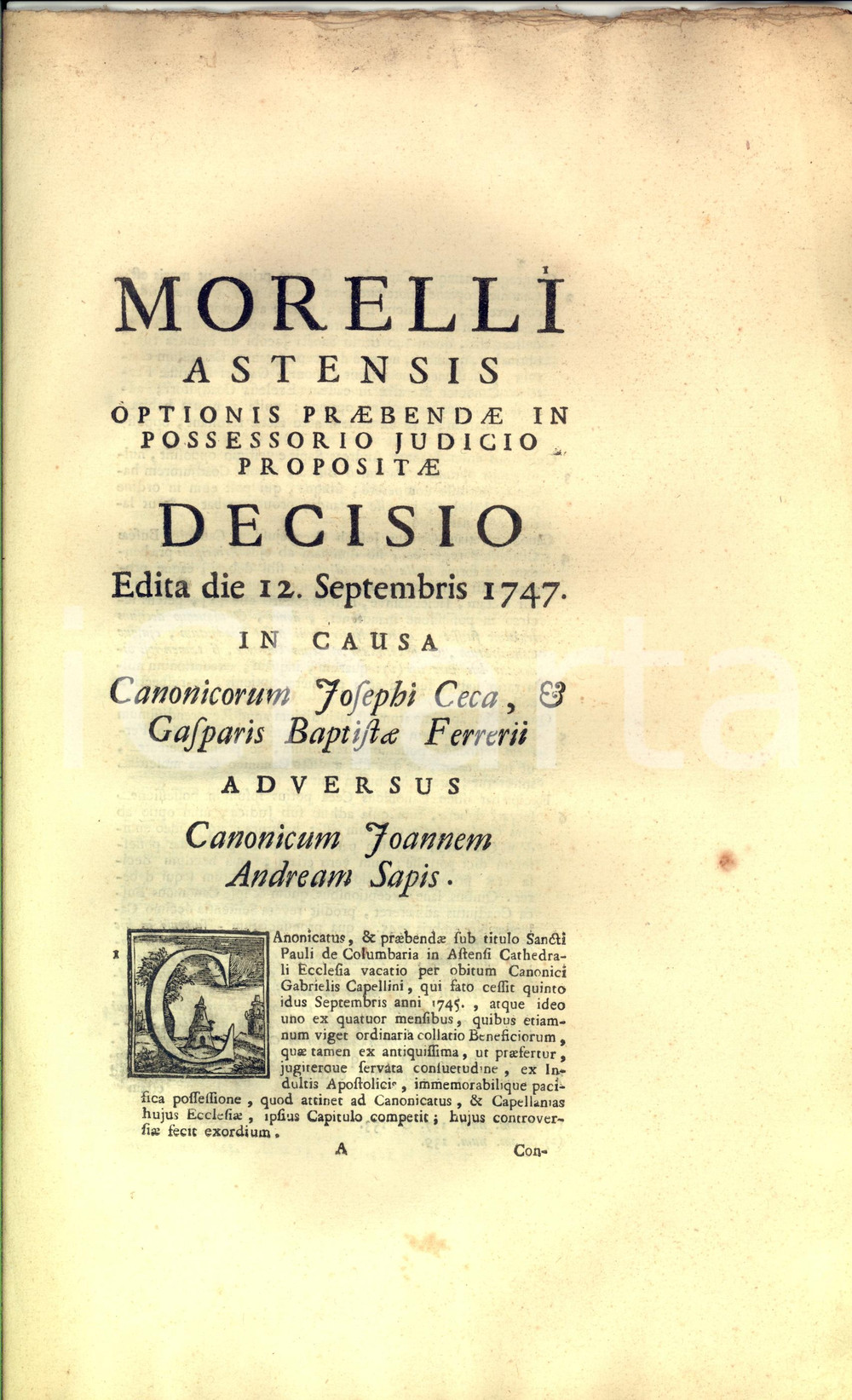 Documento originale, autentico 1747 ASTI Giuseppe CECA vs Giovanni Andrea SAPIS per canonicato SAN PAOLO 1