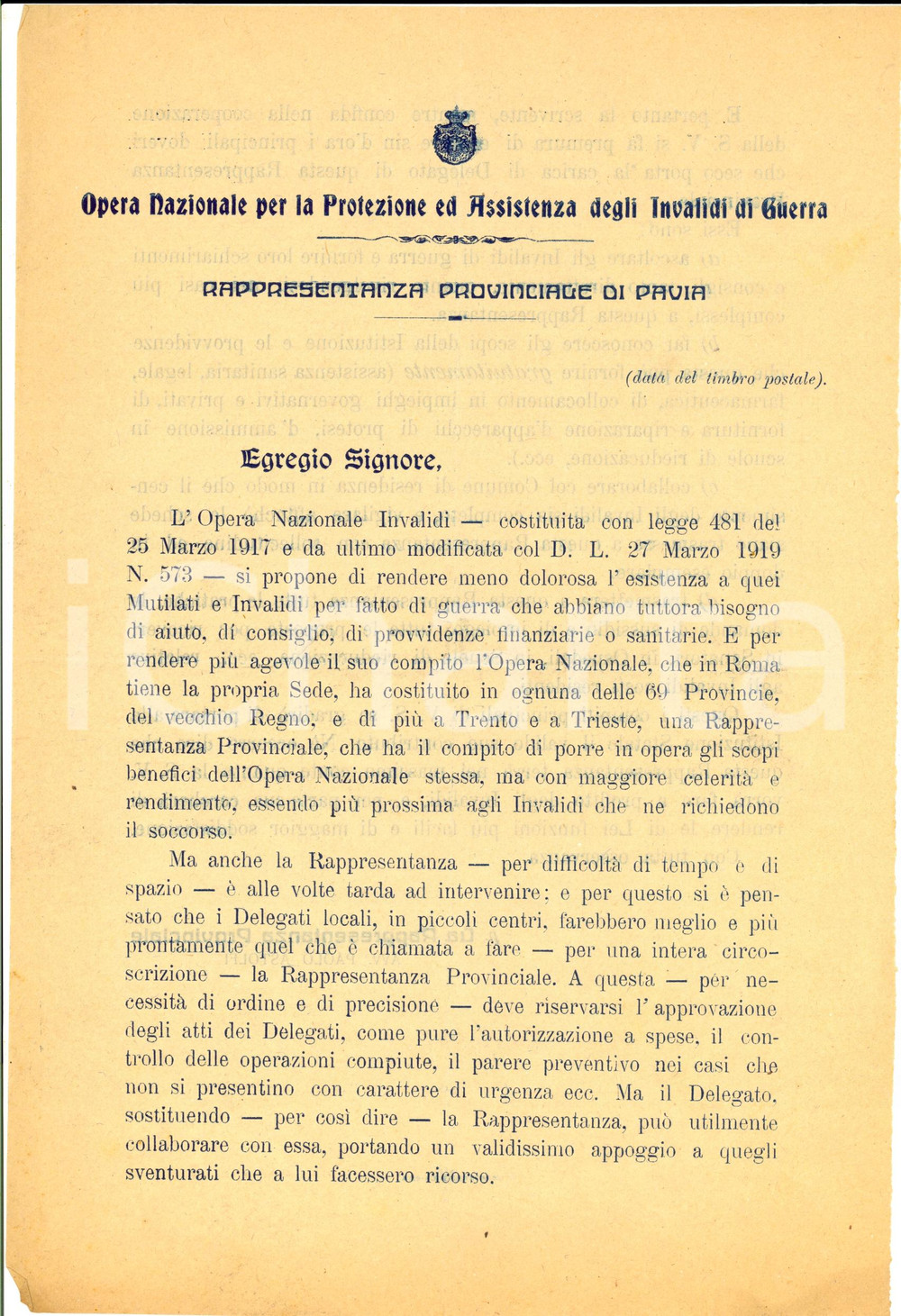 Documento originale, autentico 1930 ca PAVIA Lettera pro Opera Nazionale Assistenza INVALIDI DI GUERRA 1