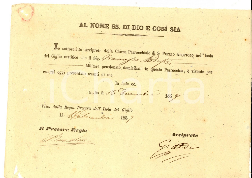Documento originale, autentico 1857 ISOLA DEL GIGLIO GR Certificato esistenza in vita per Francesco MODESTI 1