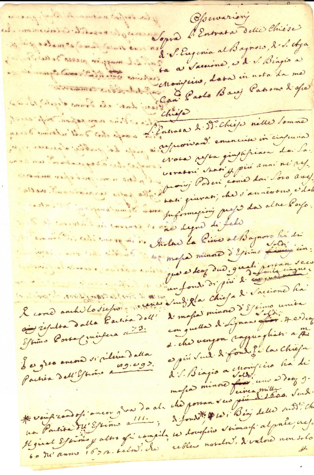 Documento originale, autentico 1680 ca BAGNORO AR Entrate chiese SANTA EUGENIA, SANT AGATA e SAN BIAGIO 1