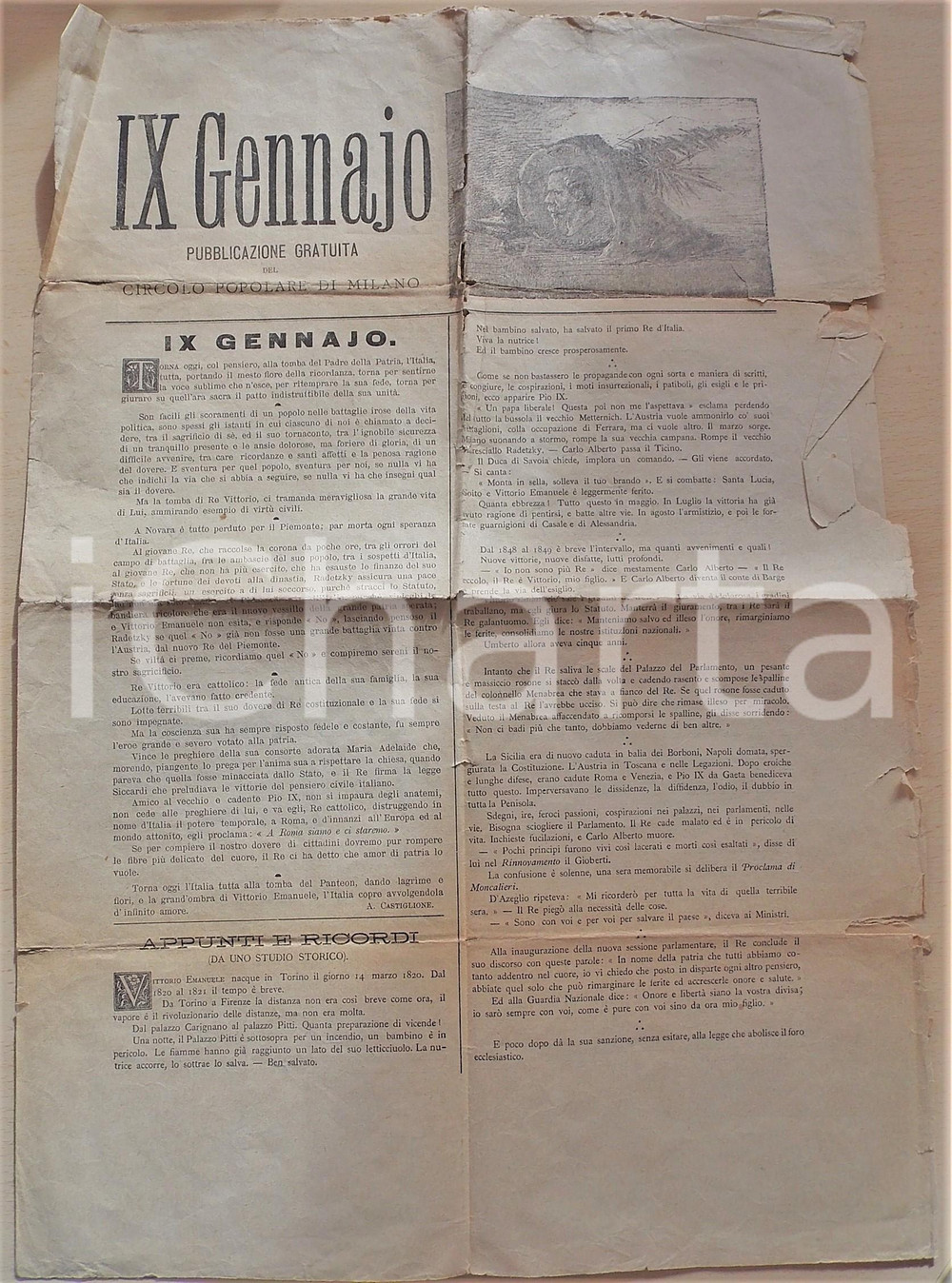 Giornale, rivista storica 1890 ca IX GENNAJO Rivista del Circolo Popolare di Milano  Vittorio Emanuele II 1