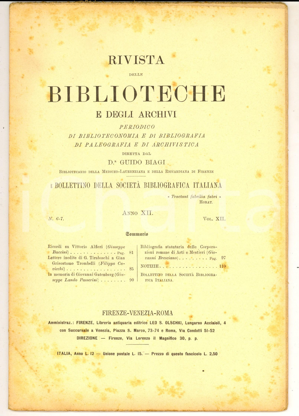 Giornale, rivista storica 1901 RIVISTA DELLE BIBLIOTECHE E DEGLI ARCHIVI Lettere inedite di TIraboschi 1