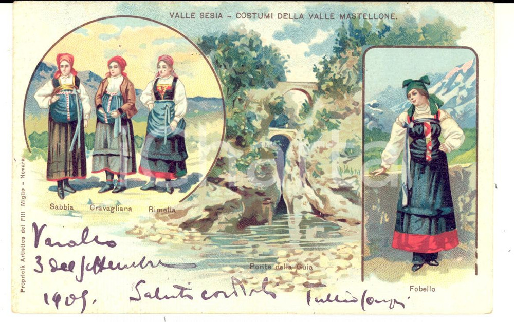 Cartolina originale da collezione 1905 VARALLO SESIA Costumi VALLE MASTELLONE Cartolina a marchesa Viola CATTANEO 1