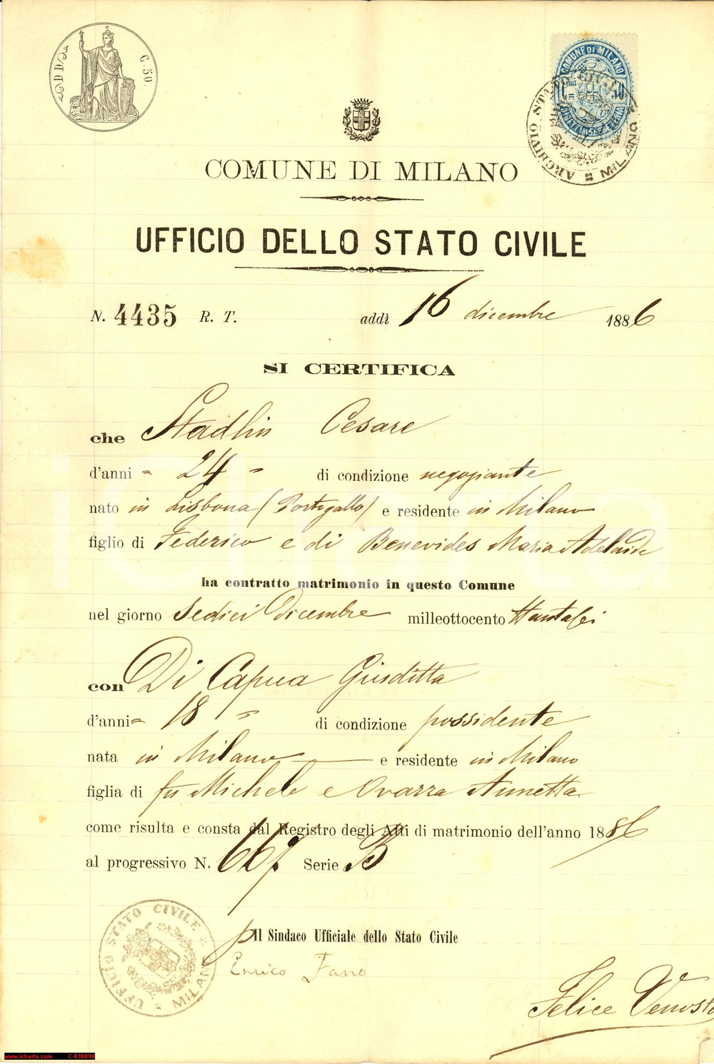 Documento originale, autentico 1886 Milano. Certificato Matrimonio Stadlin - Di Capua 1
