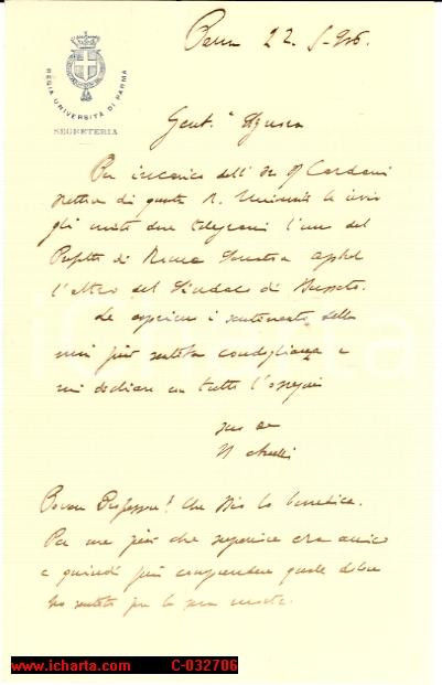 Autografo originale 1916 PARMA Prof. Mario ANELLI in morte di Alberto RIVA Autografo 1