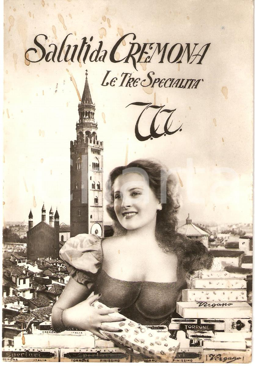 Cartolina originale da collezione 1950 CREMONA Le tre specialitÃ  T.T.T. Cartolina illustrata FG VG 1