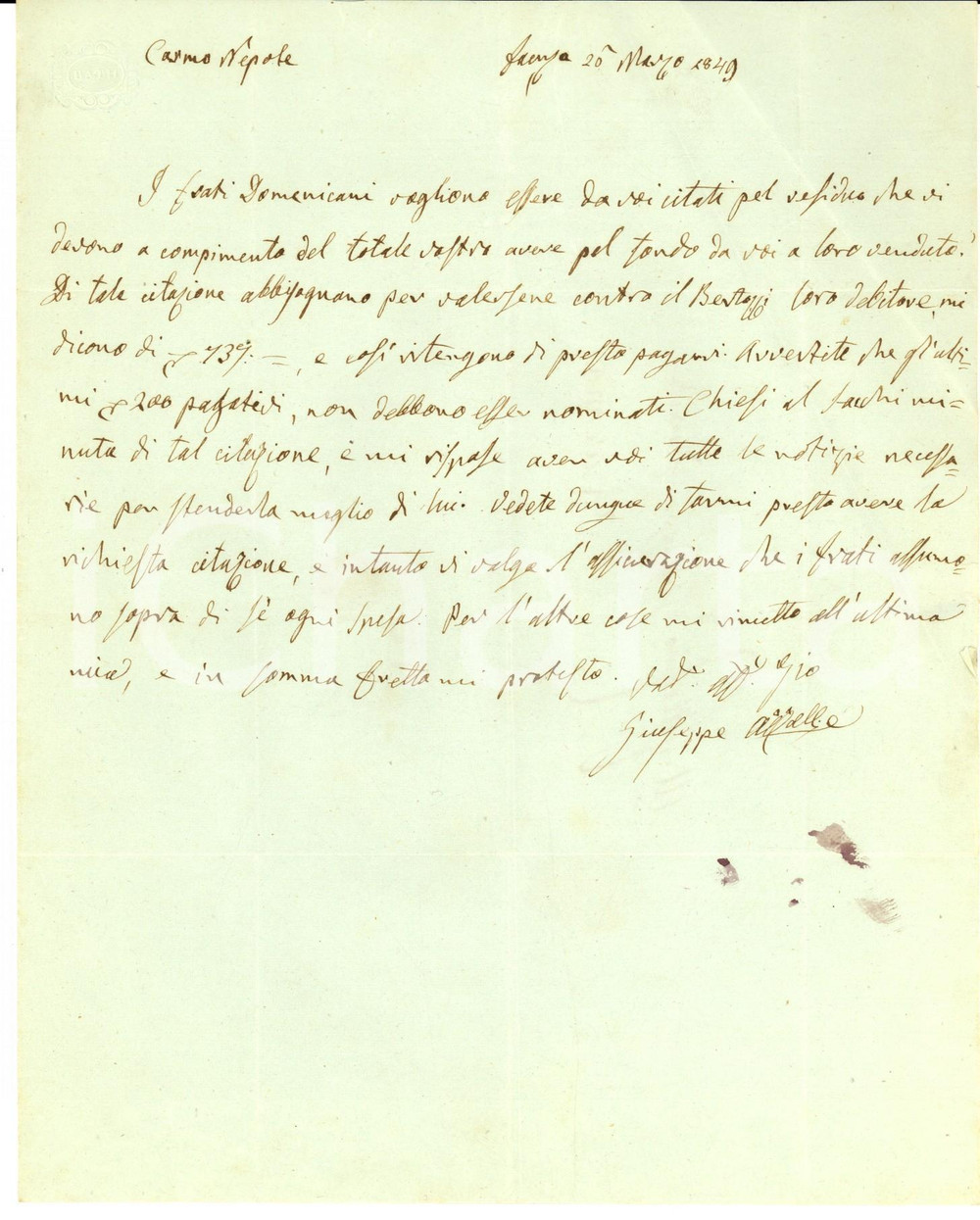 1849 FAENZA Giuseppe AZZALLI al nipote Giuseppe FARINI su lite frati domenicani  Lettera manoscritta prefilatelica.CONDIZIONI: fair    originale e autentica 1