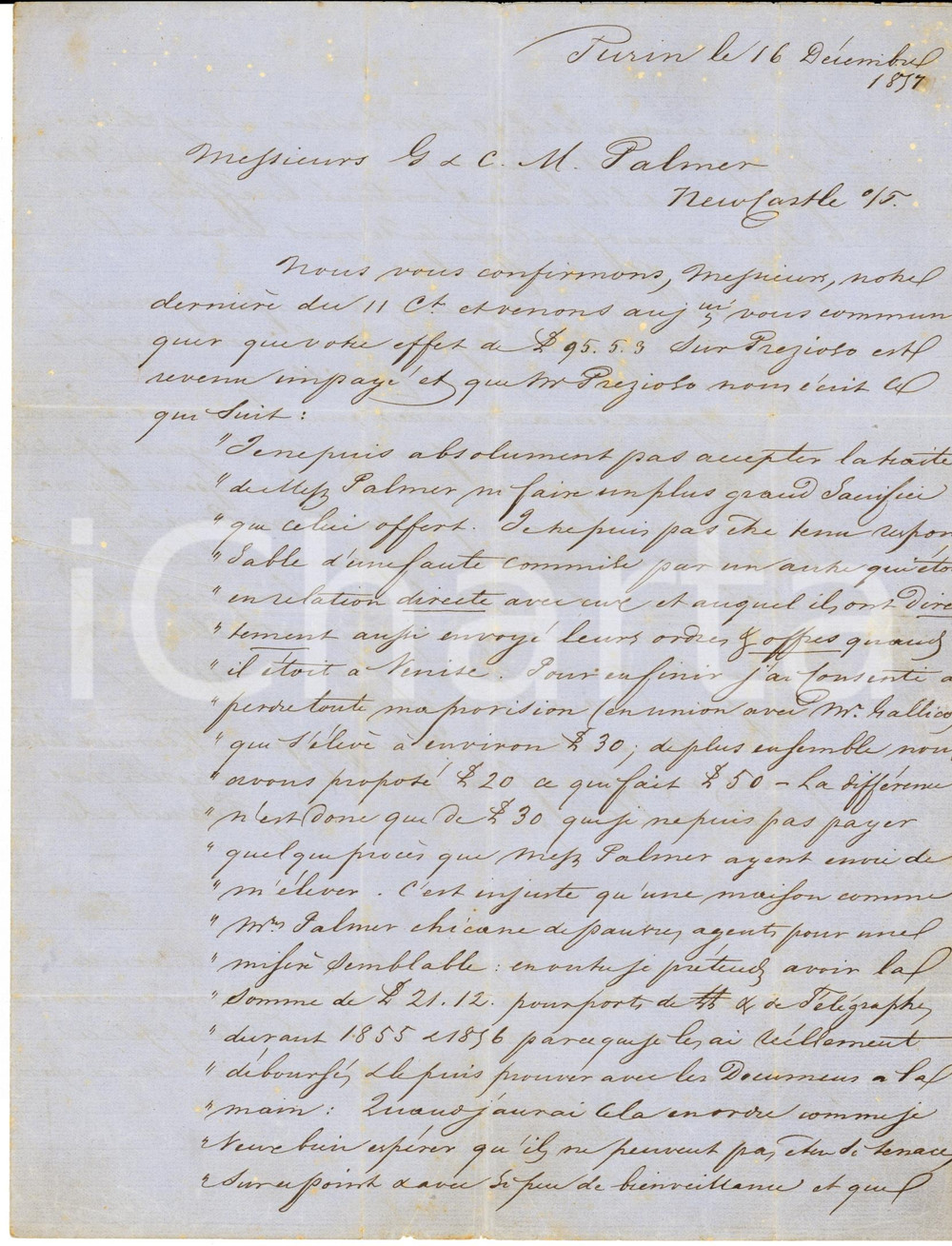 Manoscritto, lettera originale 1857 TORINO Banchiere Eugenio FRANEL alla societÃ  G. & C. M. PALMER NEWCASTLE 1