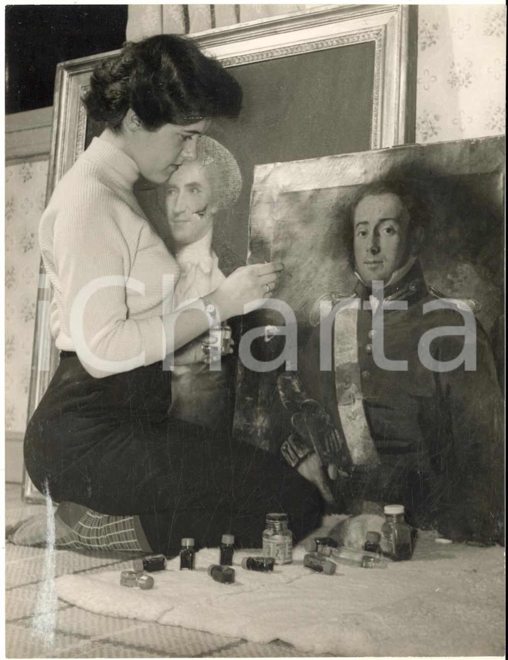 1957 BRISTOL Young restorer Elizabeth CLEAR working on portrait of Edmund Wolfe