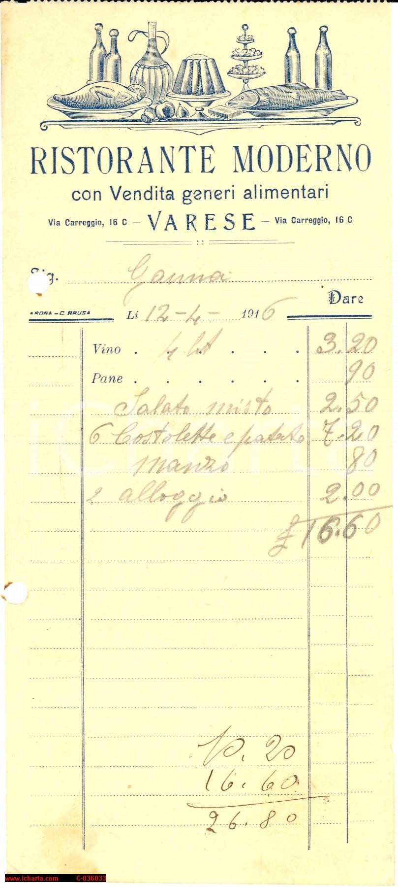 Documento originale, autentico 1916 Varese RISTORANTE MODERNO conto 1