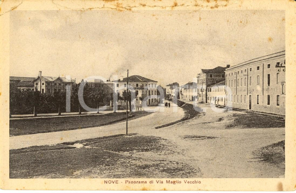 Cartolina originale da collezione 1920 ca NOVE VI Veduta di via MAGLIO VECCHIO Cartolina ANIMATA DANNEGGIATA FP 1