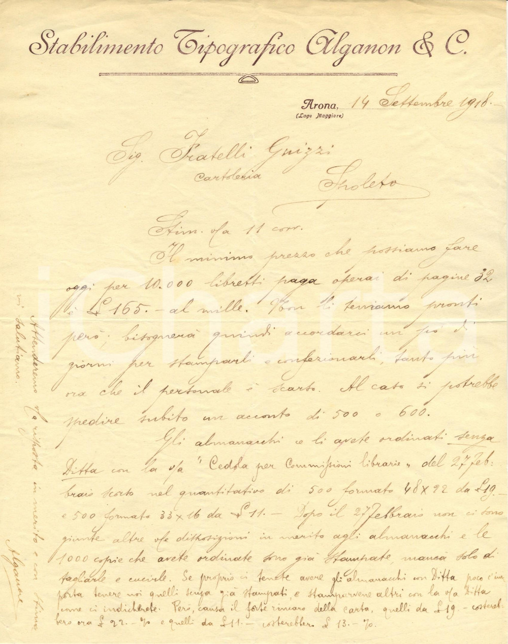 Documento originale, autentico 1918 ARONA Stabilimento Tipografico ALGANON & C. prepara libretti operai 1