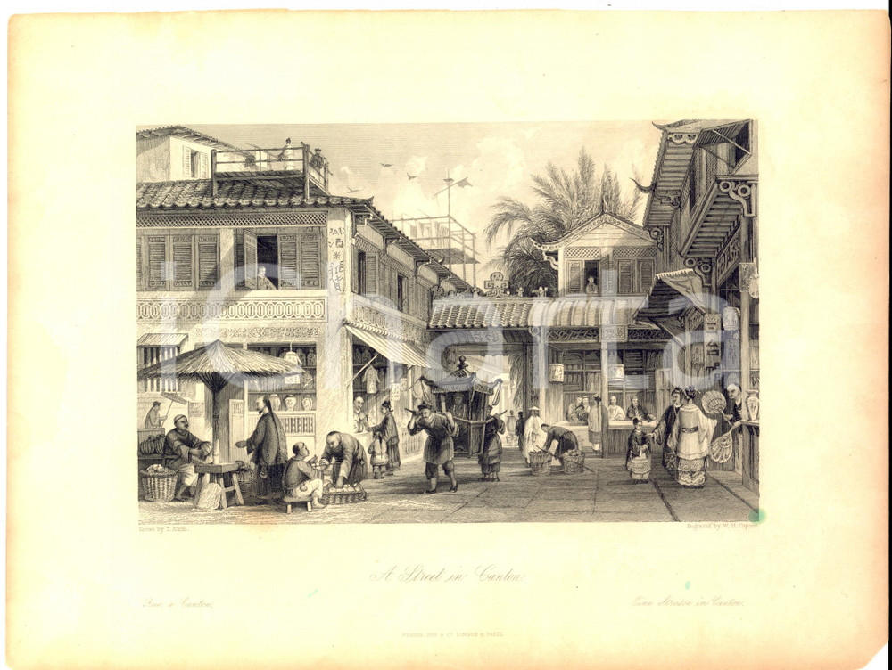 Stampa, bozzetto originale 1843 T. ALLOM  G. N. WRIGHT A street in Canton CINA  Incisione CAPONE 27x20 cm 1