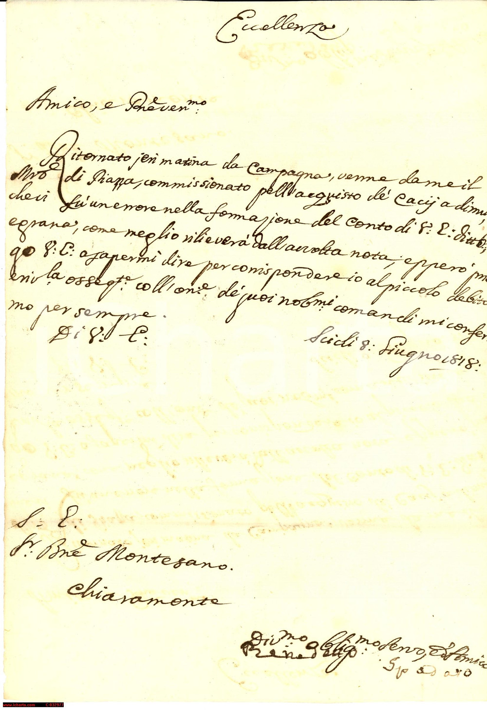 Manoscritto, lettera originale 1818 SCICLI RG Benedetto SPADARO promette di saldare un piccolo debito 1