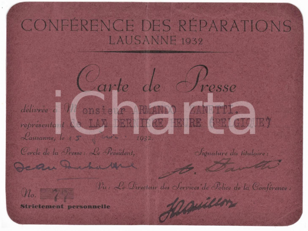 1932 LAUSANNE Conférence des réparations - Carte de presse de Armando ZANETTI