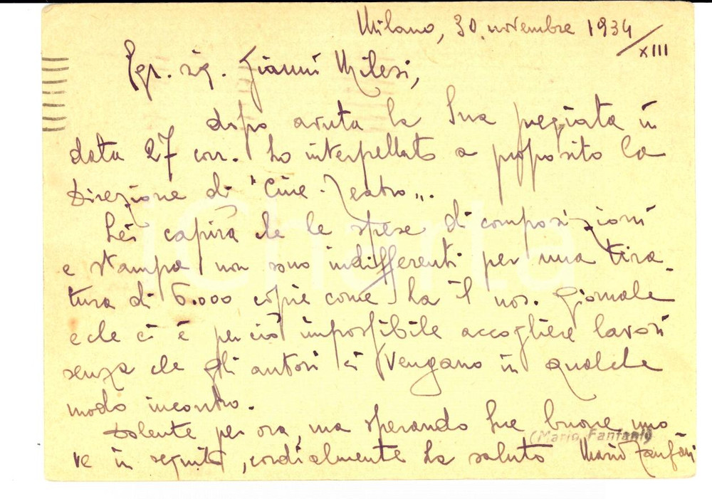 Autografo originale 1934 MILANO Cartolina Mario FANFANI Rivista CINE-TEATRO *Autografo FG VG 1