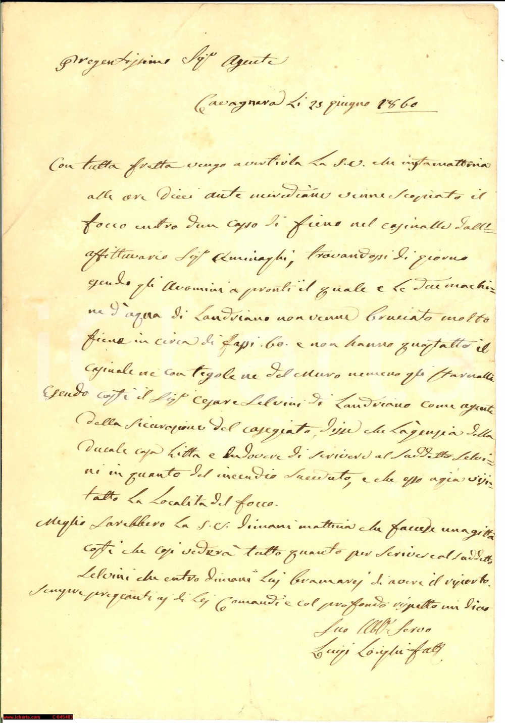 Manoscritto, lettera originale 1860 CAVAGNERA (PV) incendio domato di cassa di fieno 1