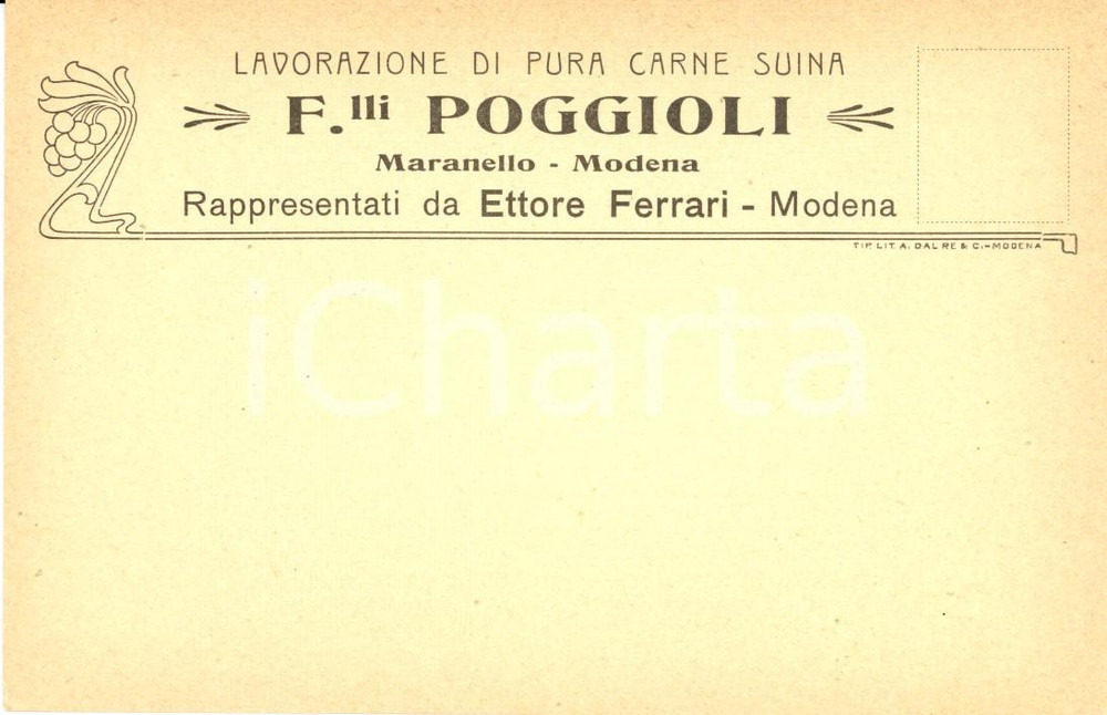 Cartolina originale da collezione 1910 ca MARANELLO (MO) F.LLI POGGIOLI Lavorazione pura carne suina *Intestata FP 1