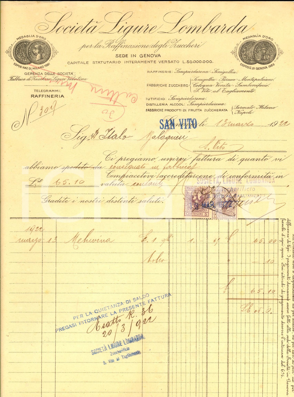 Documento originale, autentico 1922 S. VITO AL TAGLIAMENTO SocietÃ  Ligure Lombarda  Fattura per meluvina 1