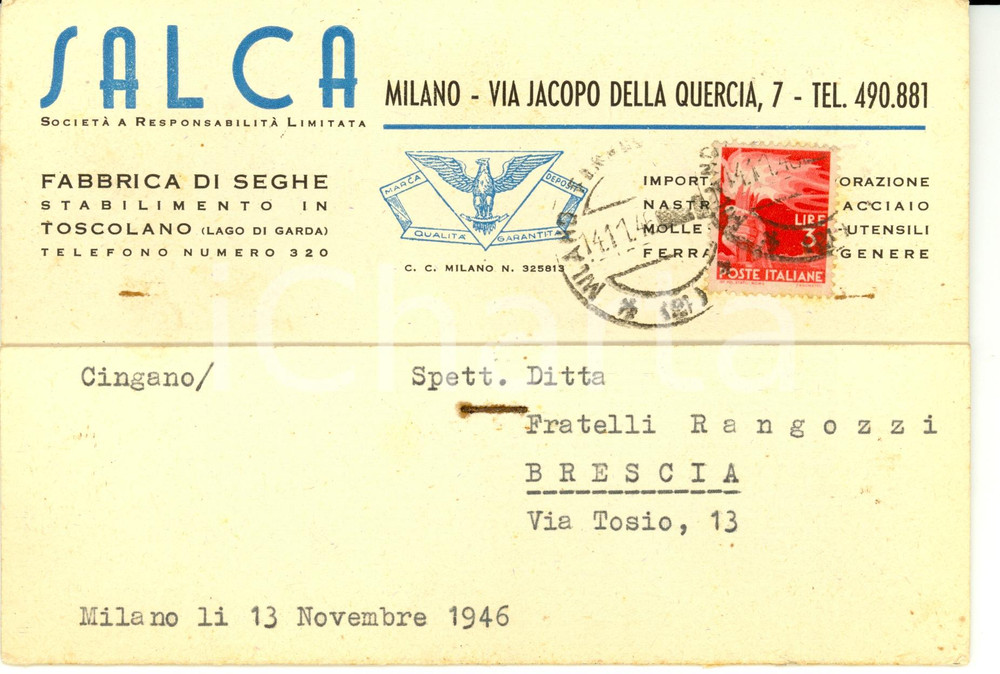 Cartolina originale da collezione 1946 MILANO Ditta SALCA Fabbrica di seghe Cartolina intestata FG VG 1