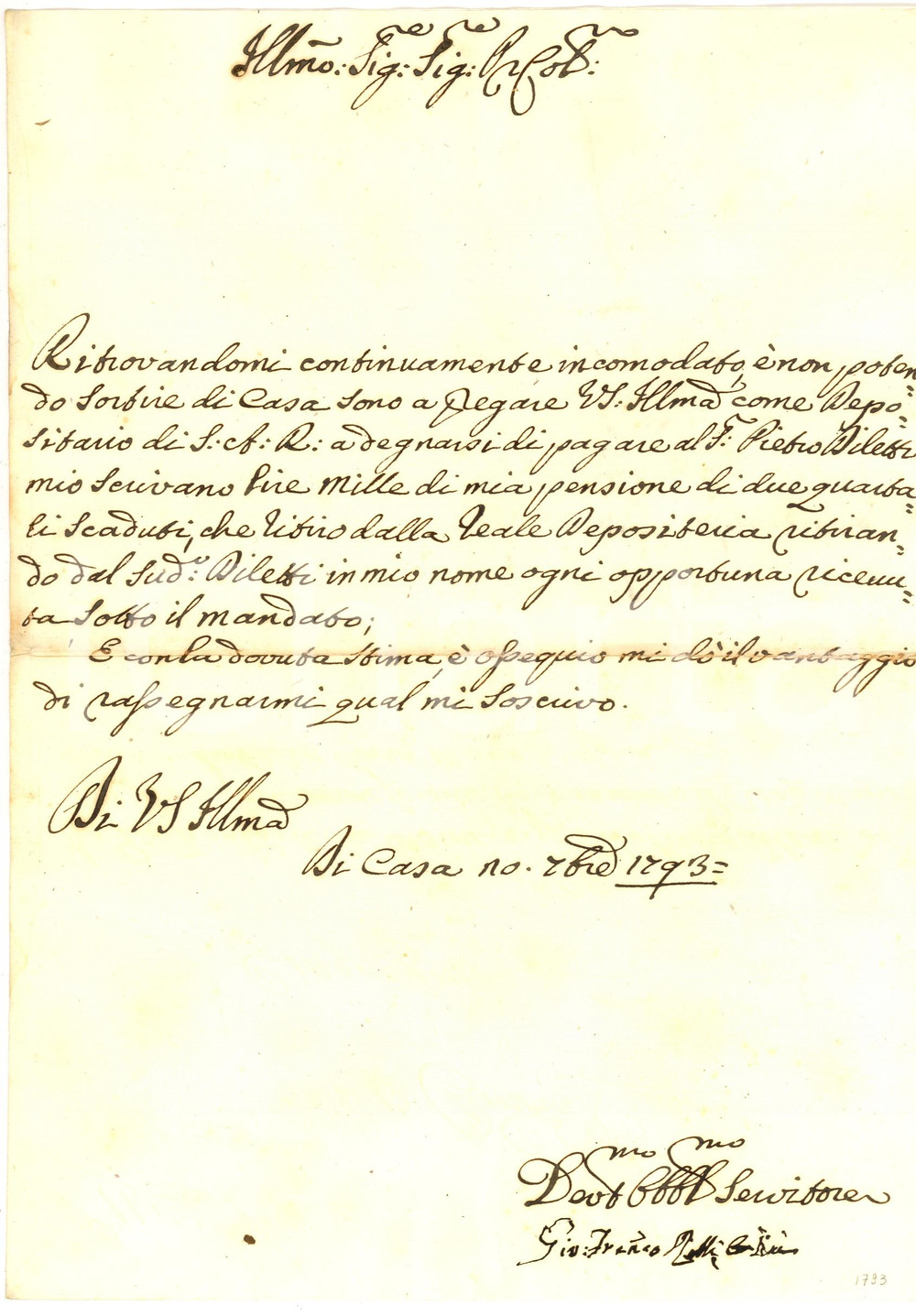 Manoscritto, lettera originale 1793 MILANO Pensione Francesco RELLI alla Depositeria 1
