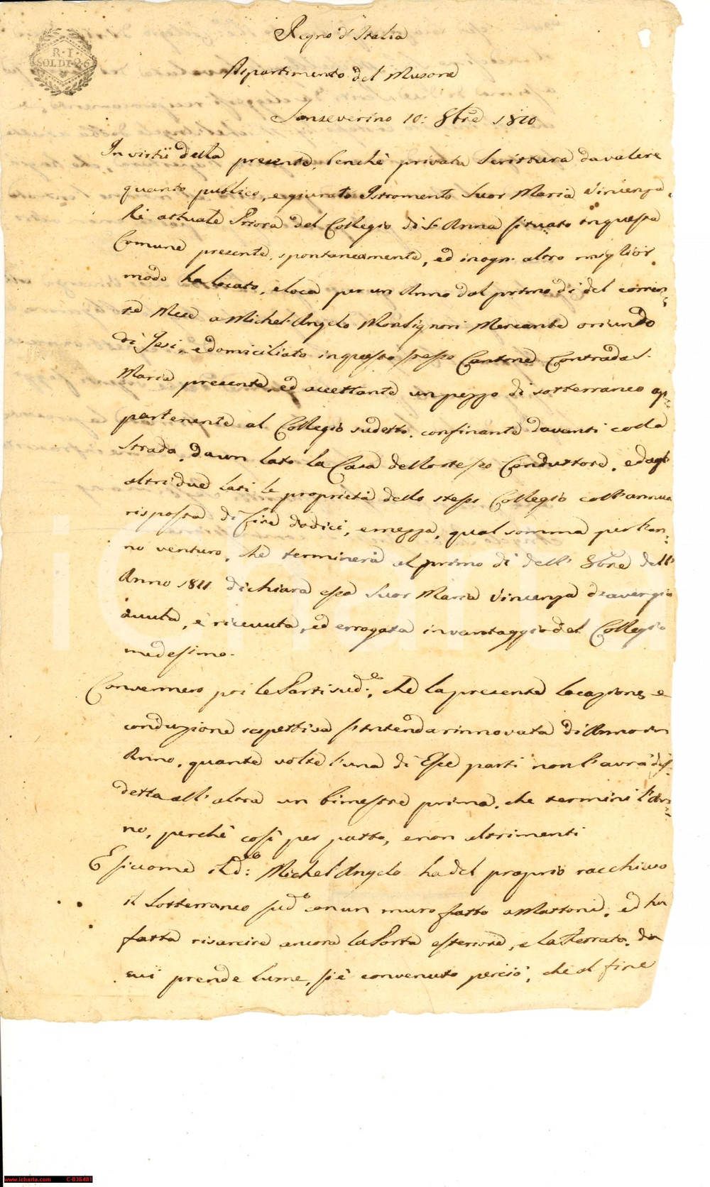 Documento originale, autentico 1810 SAN SEVERINO MC Collegio SANT'ANNA affitta cantina 1
