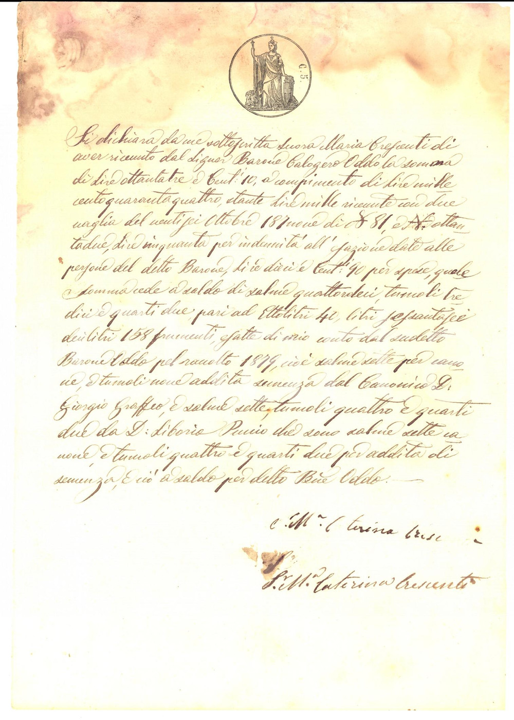 Documento originale, autentico 1879 SAMBUCA AG Suor Maria Caterina CRESCENTI riscuote canoni don GRAFFEO 1