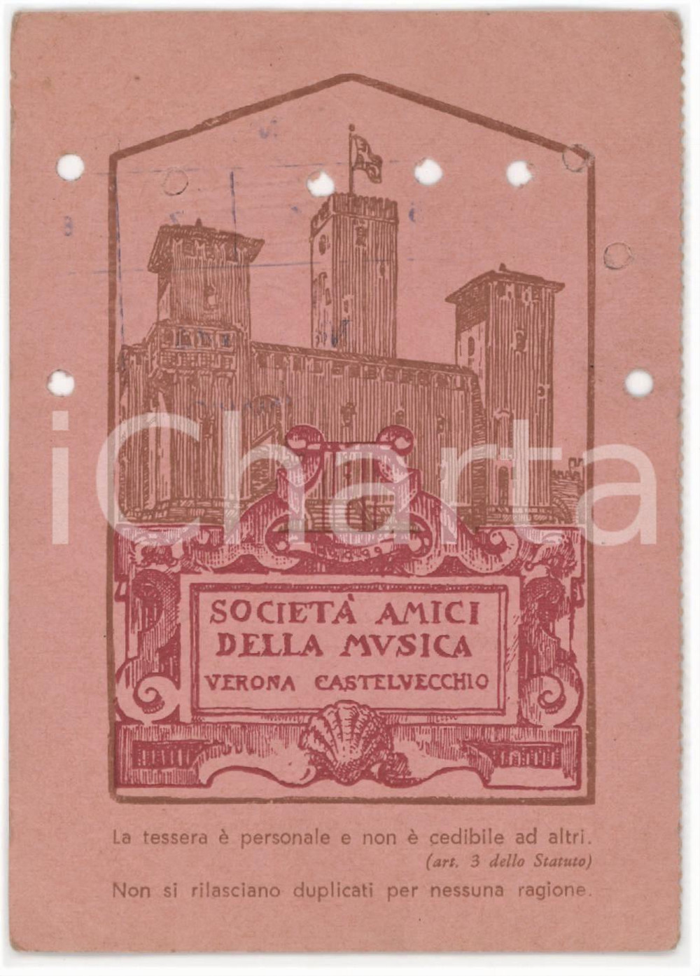 1967 VERONA CASTELVECCHIO Società amici della musica - Tessera stagione concerti Tessera d'epoca.  FAIR/discreto Lievi smussature agli angoli, fori da obliterazione Formato: 8x11 cm originale e autentica 1