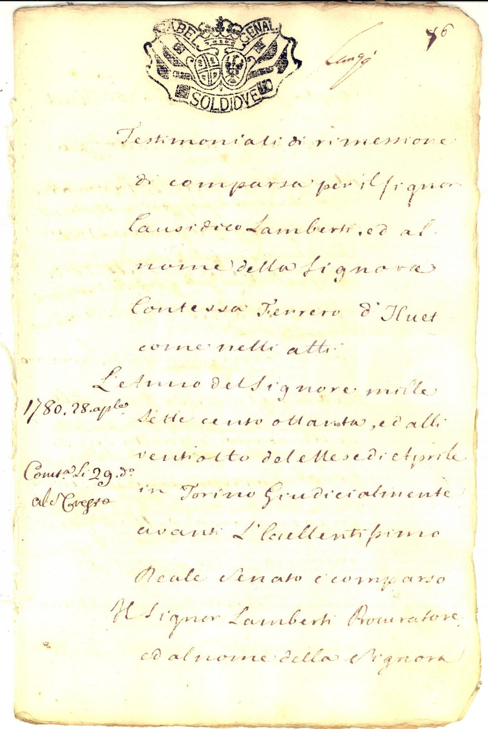 Documento originale, autentico 1780 TORINO Creditori soddisfatti dalla contessa Anna Maria FERRERO D HUET 1
