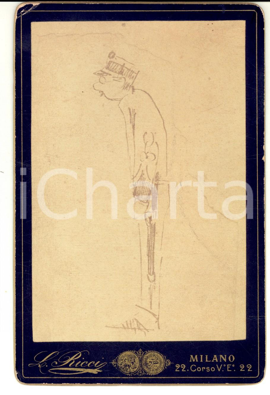 Fotografia d epoca originale 1890 ca MILANO Caricatura gen. Antonio CANTORE Foto del disegno L. RICCI RARA 1