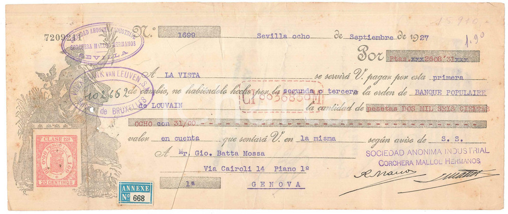 Oggetto da collezione cartaceo 1927 SEVILLA Sociedad Anonima Industrial Corchera Mallol Hermanos Cambiale 1