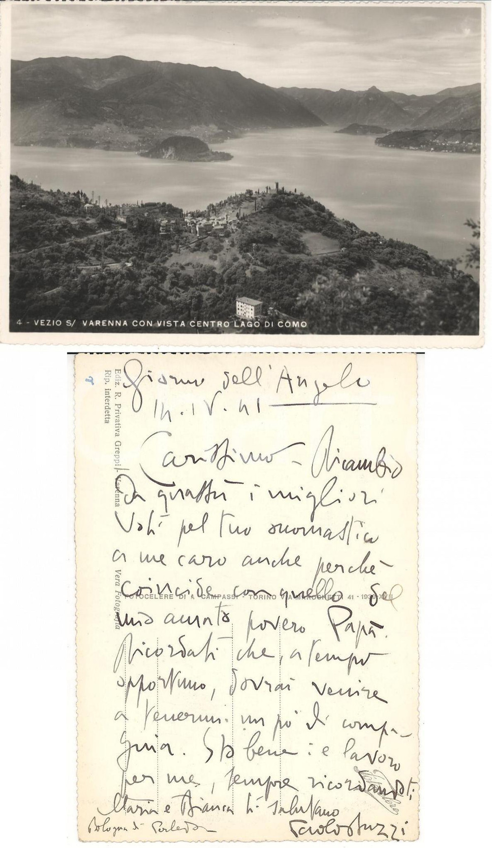 Autografo originale 1941 VEZIO VARENNA (CO) Paolo BUZZI ricorda l'amato povero PapÃ  *AUTOGRAFO 1