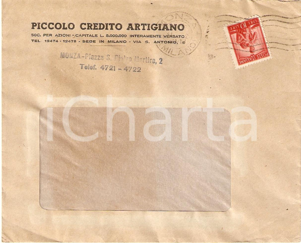Materiale pubblicitario d’epoca 1948 MONZA Piccolo CREDITO ARTIGIANO Piazza S. Pietro Martire Busta intestata VG 1