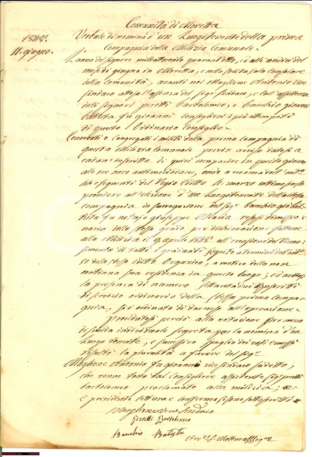 Documento originale, autentico 1848 MORETTA (CN) Vicesindaco Antonio MAGLIONE luogotenente Milizia Comunale 1