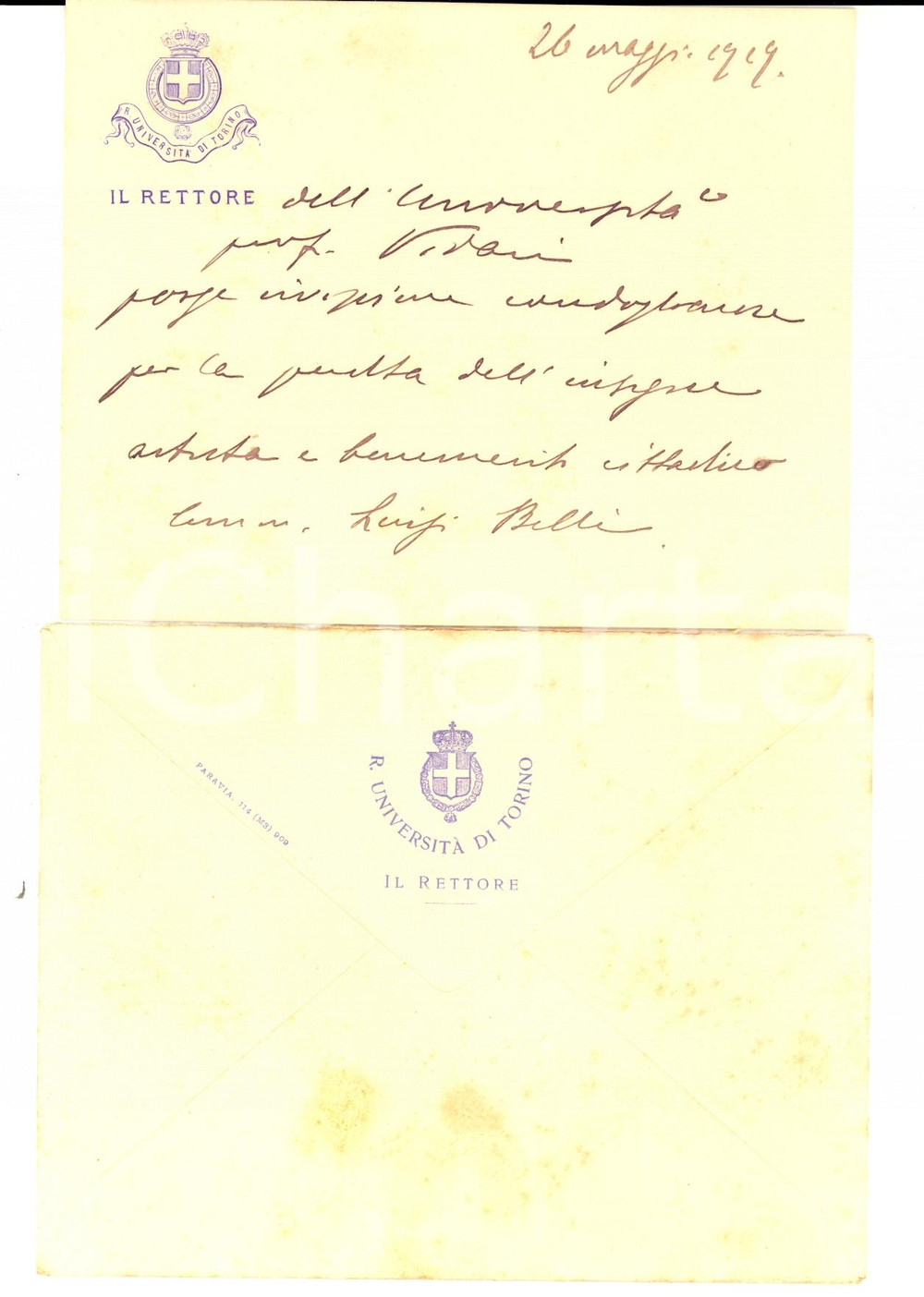 Documento originale, autentico 1919 UNIVERSITA  DI TORINO Condoglianze rettore Giovanni VIDARI AUTOGRAFO 1