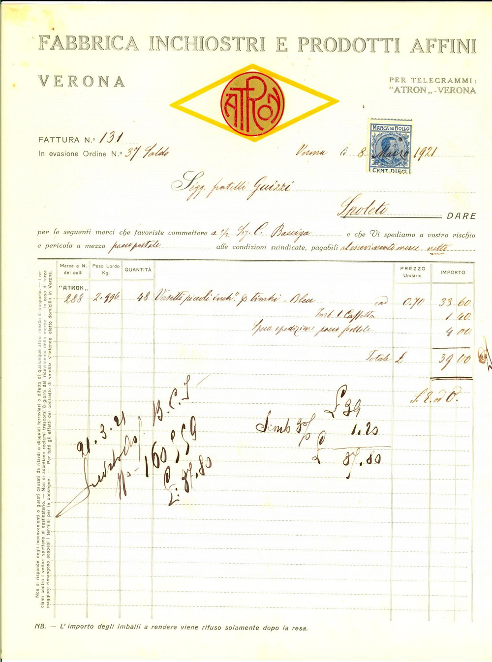 Documento originale, autentico 1921 VERONA ATRON Fabbrica Inchiostri e  Affini Fattura intestata per vasetti 1