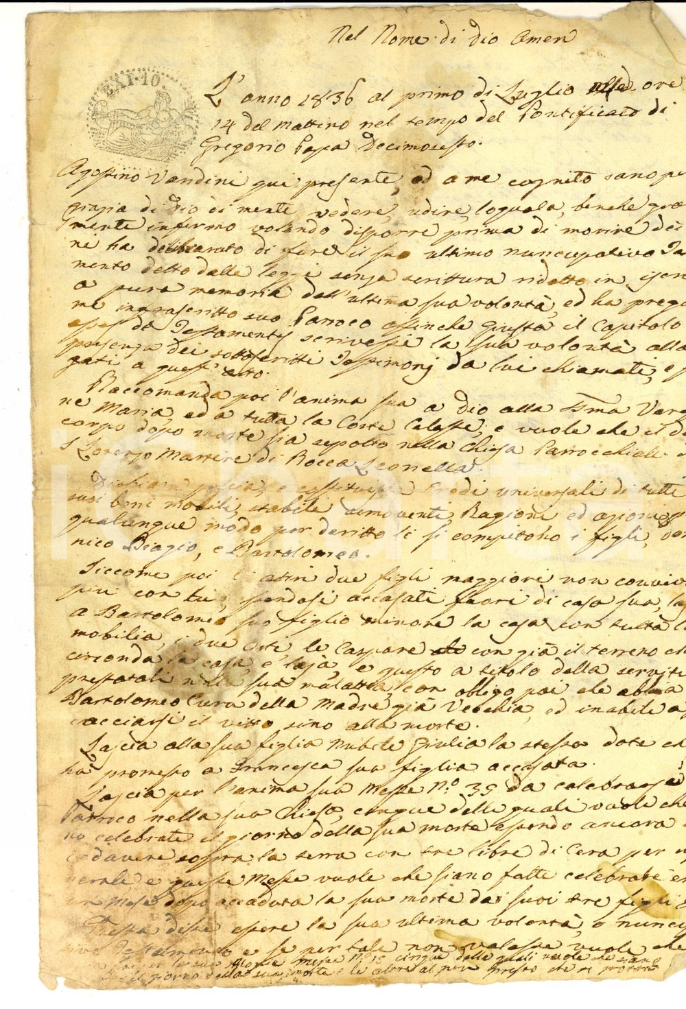 Documento originale, autentico 1836 VILLA DELLE PIE PU Testamento di Agostino VENDINI a favore dei figli 1