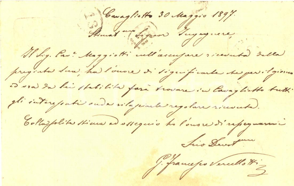 Documento originale, autentico 1897 CAVAGLIETTO NO Francesco VERCELLOTTI affari con Clemente PRETI Cartolina 1